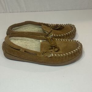 Minnetonka Moccasins Womens Size 3 Brown Hard Sole Cally Slippers Sherpa Fur